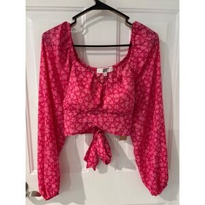Madden NYC Heart Print Tie Front Crop Top Long Sleeve Blouse Size L‎